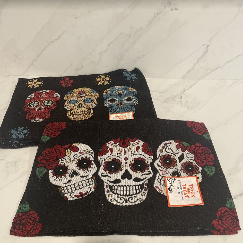 6 Halloween Placemats Woven Tapestry Design  Sugar Skulls Day of The Dead NWT